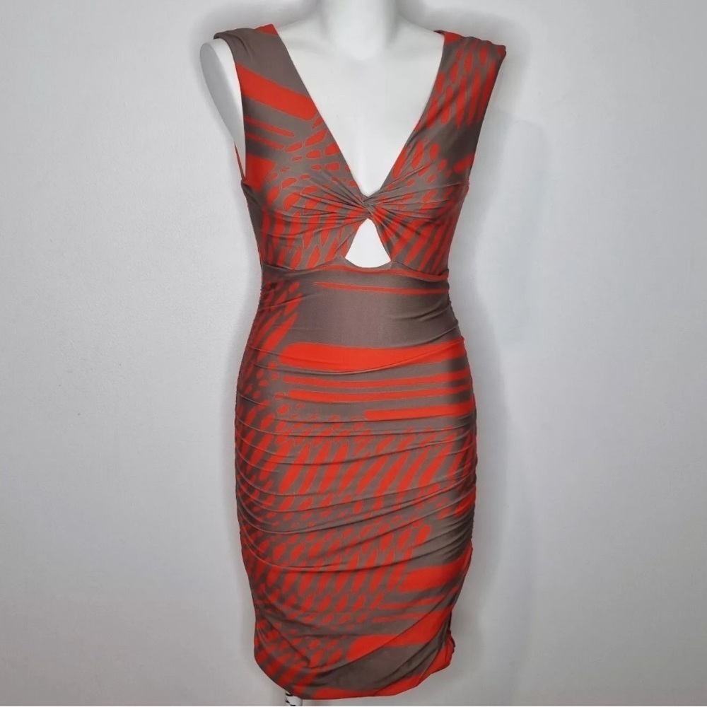 Kookai Bodycon Dress Stretchy Orange Grey Cut Out V Neck Sleeveless 2